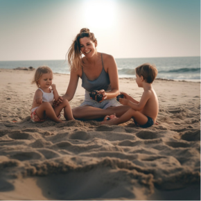 Woman with her kids on the beach