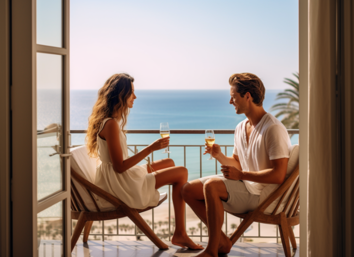lovable couple drink toast on balcony