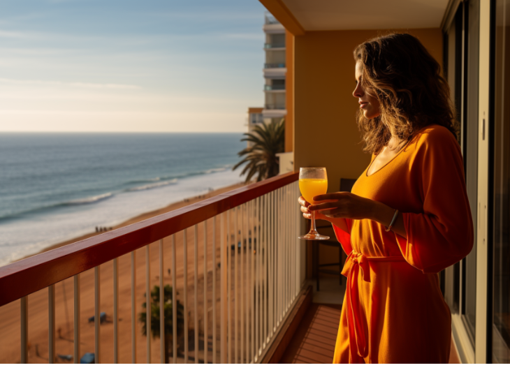 woman standing on balcony at beach while sipping orange juice